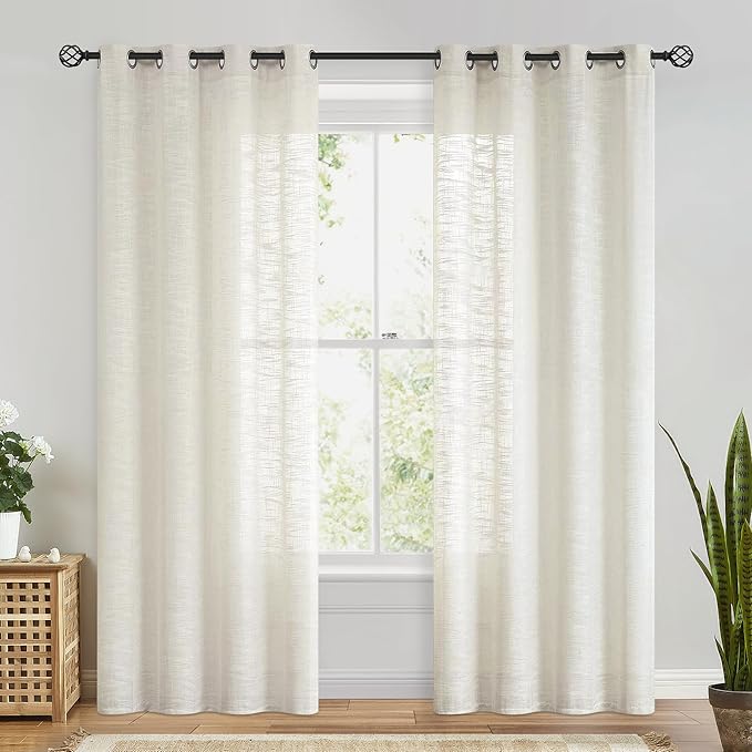 FMFUNCTEX Linen Semi Sheer Curtains for Bedroom, Natural Curtains 90 Inches Long for Living Room, Country Farmhouse Sheer Drapes, Light Filtering Window Curtain, Grommet Top 2 Panels
