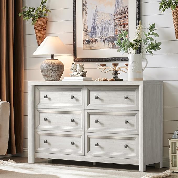 Farmhouse 6 Drawers Dresser for Bedroom, White Dressers, 52" Wide Rustic Wood Chest of Drawers with Natural Texture, Metal Handle, Storage Closet Dressers for Bedroom, Living Room