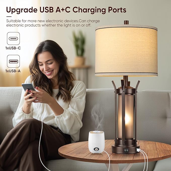 QiMH Farmhouse Table Lamps Set of 2 for Living Room, Beside Lamps for Bedroom with USB A+C Charging Ports, Rustic Nightstand Lamp with Frosted Glass Night Light, 4 Bulbs Included (Oil Rubbed Bronze)
