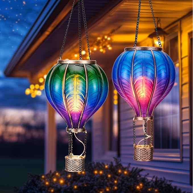 TERESA'S COLLECTIONS 2 Pack Hanging Solar Lantern Outdoor Garden Decor for Valentine ,Waterproof Plastic Hot Air Balloon Green Flickering Flame Effect Lantern for Yard Tree ,18"