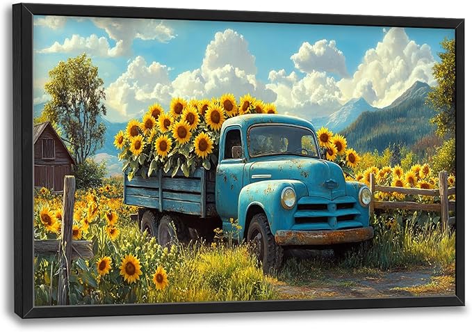 Olivine Large Wall Art, Sunflower Pictures Wall Decor, Farmhouse Sunflower Painting, Sunflowers Truck Canvas Prints, Framed Artwork for Living Room Bedroom Bathroom Office Home Decoration 36"x24"