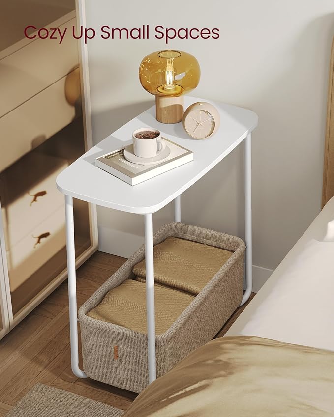 VASAGLE LILEA Collection - Side End Table with Fabric Basket, Modern Nightstand, Rectangular Bedside Table, for Living Room, Bedroom, Matte White and Camel Brown ULET230W10