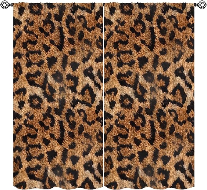Leopard Print Window Curtains, Animal Fur Skin Brown Farmhouse Wild 3D Rustic Safari Theme Window Treatments for Kids Bedroom Living Room 63" W X 63" L