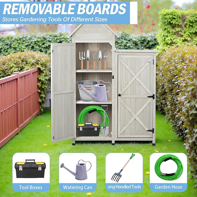 Outdoor Storage Cabinet - Waterproof Metal Roof & Wooden Vertical Design, Tall Garden Tool Shed with Multiple Shelves for Patio, Backyard, Lawn, Yard (Gray, 22" x 46" x 67")