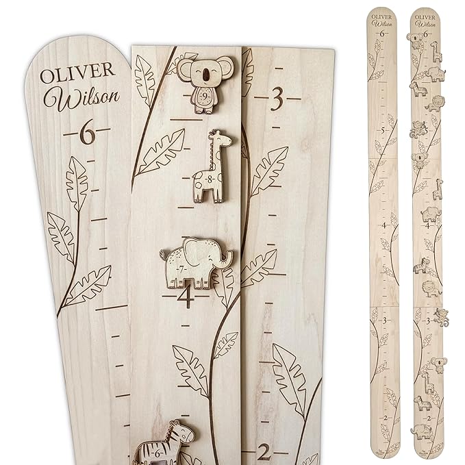 Personalized Jungle Growth Chart Wood - Engraved Growing Ruler Chart for Kids, Children Measuring Height Chart Baby Boy, Large Measuring Board Wooden, Animals Growing Wall Measurement, 2 Sizes