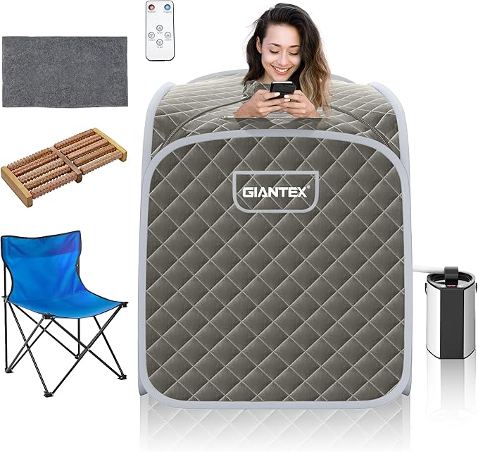 Giantex Portable Sauna, Sauna Box 3L Steam Box Remote Control, 9 Adjustable Temperature & Timer, Foot Roller, Mat & Foldable Chair, Steam Sauna for Single Person, Personal Sauna Tent for Home, Gray