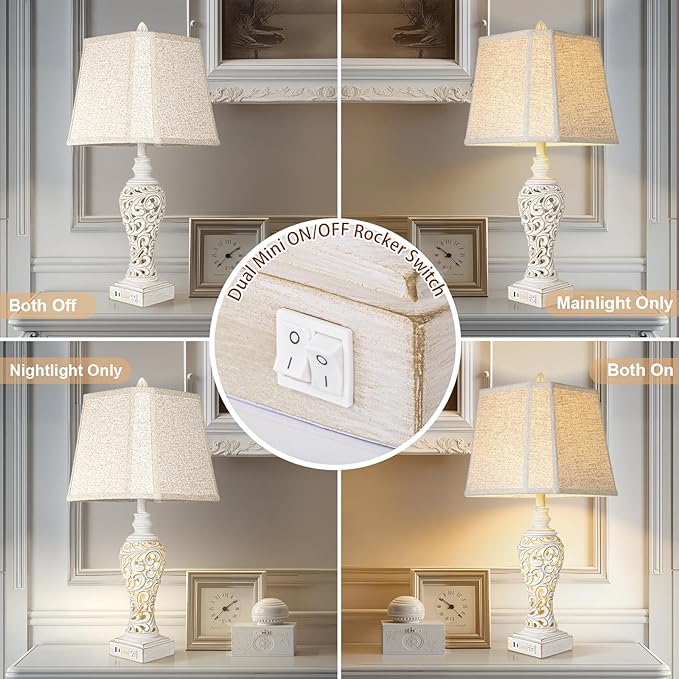 Vintage Table Lamps Set of 2, 28.5'' High Bedside Lamps with Fabric Shade, Farmhouse Nightstand Lamps with USB A+C Ports and Nightlight - Perfect for Living Room Bedroom Office Study (Bulb Included)