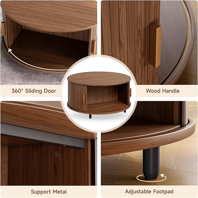 Round Coffee Table with Storage, 31.5" Modern Coffee Table with 360° Curved Sliding Door, Fluted Wood Accent Coffee Table with Adjustable Footpads, Round Center Table for Living Room, Walnut