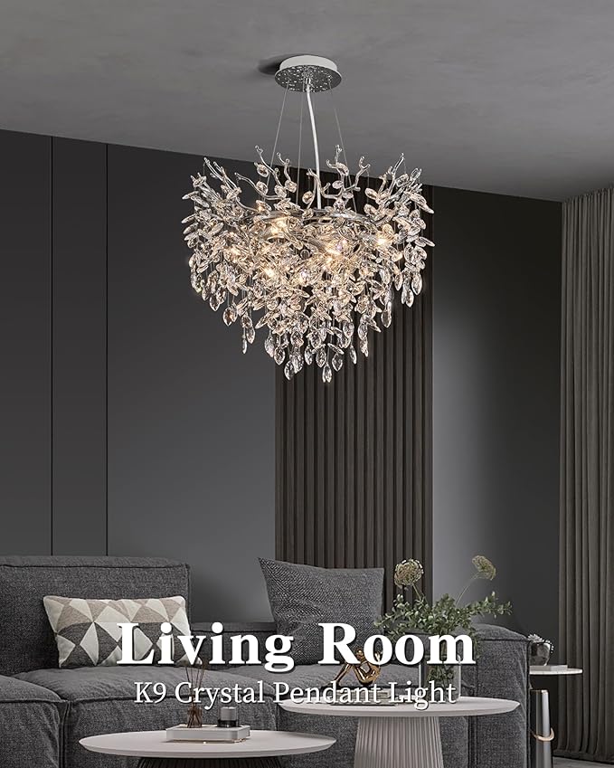Modern Crystal Chandelier for Dining Room, 23.62" Chrome Tree Branch Chandeliers