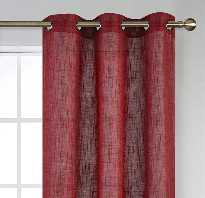 MIUCO Semi Sheer Curtains Poly Linen Textured Solid Grommet Curtains 63 Inches Long for Living Room 2 Panels (2 x 37 Wide x 63" Long) Burgundy