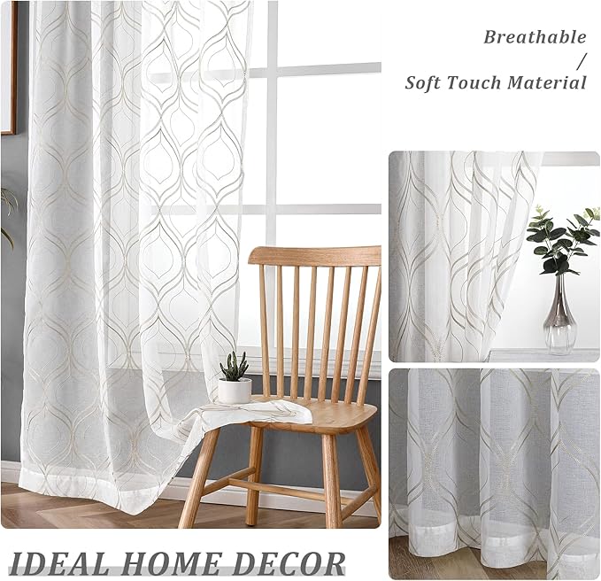 VISIONTEX Moroccan Embroidered White Sheer Curtains Panels, Decor French Textured Rod Pocket Voile Tulle Semi Window Trellis Drapes for Bedroom, Set of 2, 54 x 108 inch, Light Brown