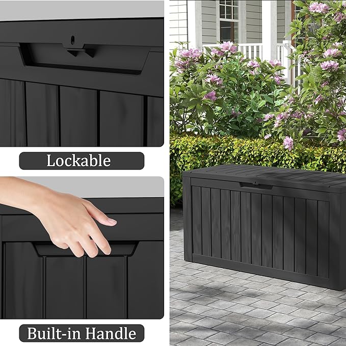 90 Gallon Waterproof Outside Storage Box - Patio Storage & Outdoor Deck Box, All-Weather Resin Chest for Pool/Garden Accessories, Lockable UV-Resistant, Jet Black