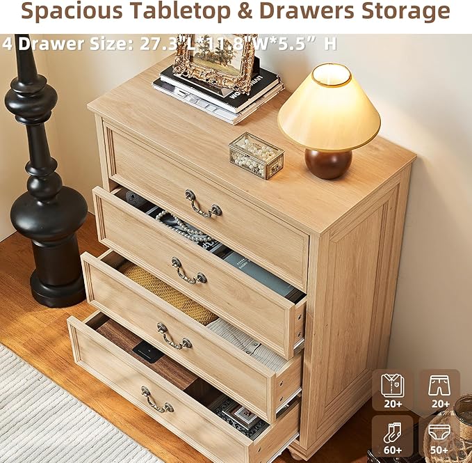 Farmhouse 4 Drawer Dresser for Bedroom, 37" Tall Rustic Chests of Drawers w/ 4 Solid Wood Feet, Mid Century Modern Wooden Closet Storage Dressers Organizer for Living Room, Hallway,Natural