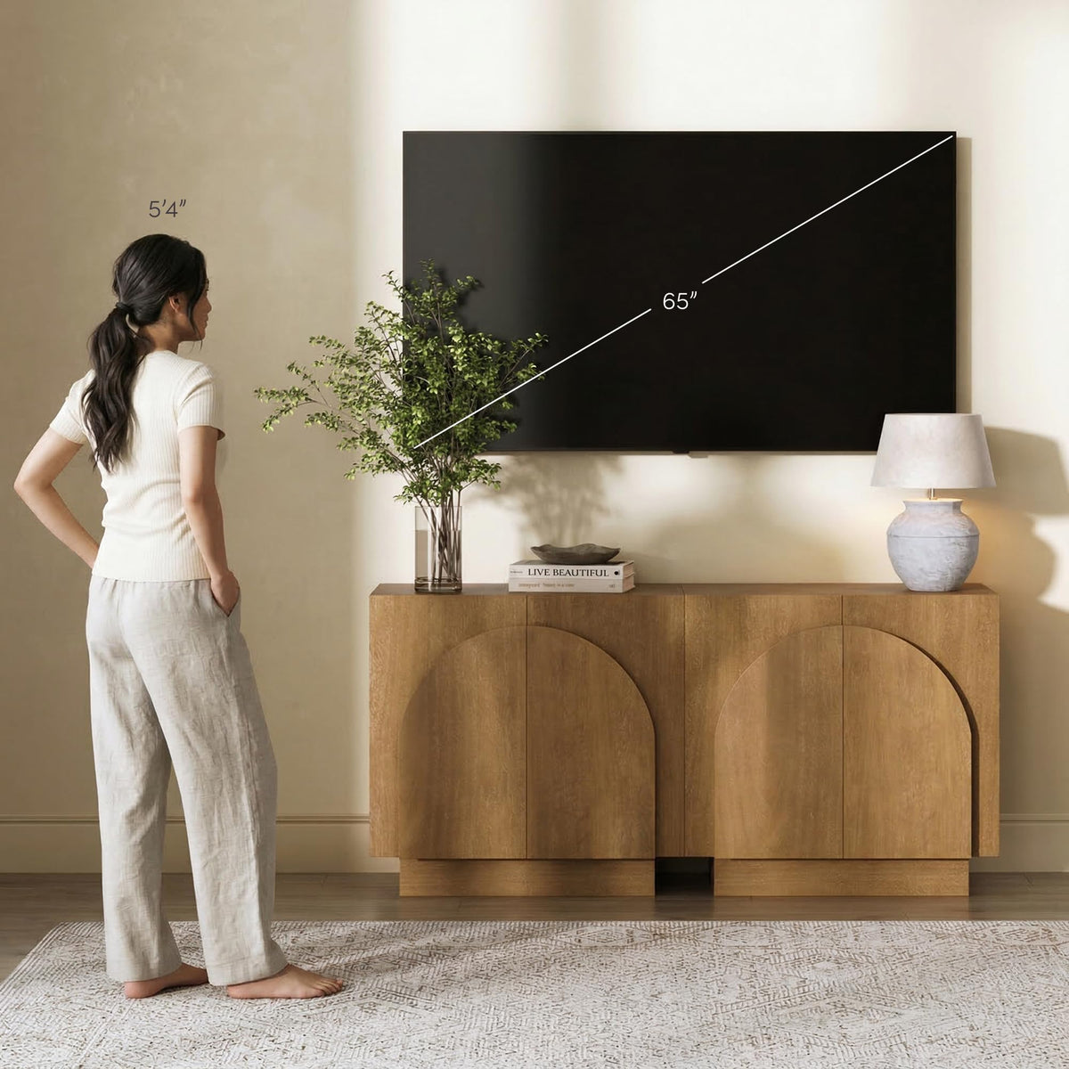 Iris Mid Century Modern Wood Accent Cabinet Sideboard Credenza TV Stand with Arched Cabinet Doors and Adjustable Shelves for Kitchen or Living Room