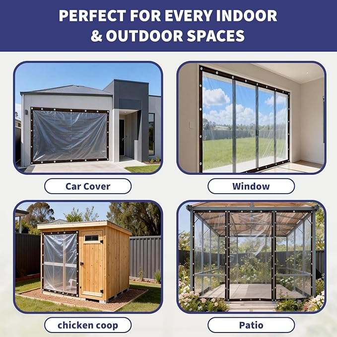 Clear Waterproof Tarp with Grommets, Heavy Duty Vinyl Tarpaulin, Tear Resistant Transparent Cover for Patio, Greenhouse, Garden, Chicken Coop (Includes Ropes & Zip Ties) (10x13FT)