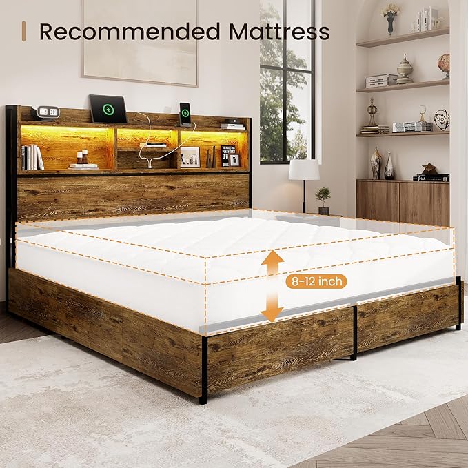 Queen Storage Bed Frame with 6 Drawers, USB Charging Station, No Noise