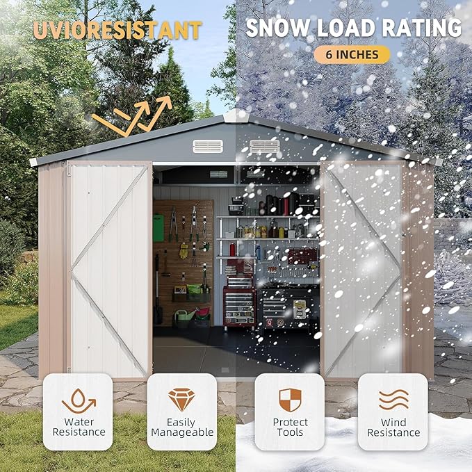 Aoxun 10x8 FT Galvanized Steel Outdoor Storage Shed - Metal Garden Shed with Double Doors, Thick Moisture-Proof Interlocking Floor, Ventilation System - Ideal for Generator & Tool Storage (Brown)
