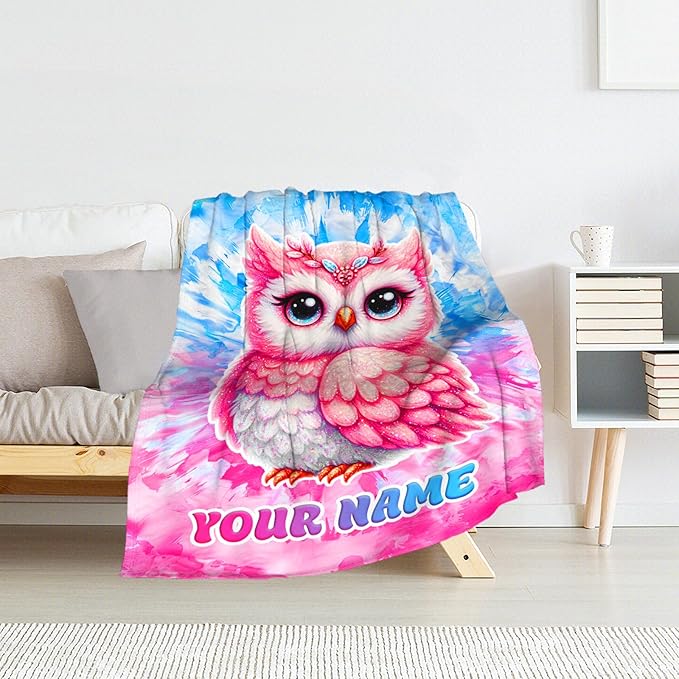 Custom Owl Blanket for Girls - 40" x 50" Inches Aesthetic Throw Blanket for Adult, Teens - Cozy Furry Throw Stuff for Sofa, Home