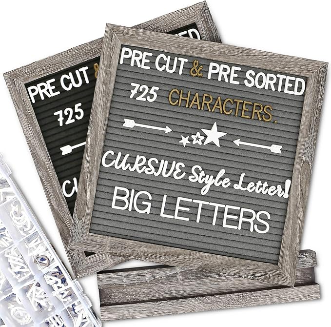 Double Sided Felt Letter Board with Letters - Pre Cut & Sorted 725 letters with Stand, Cursive Style Letters, Big Letters, Plastic Organizer, Tabletop Display, Rustic Farmhouse Wall Decor