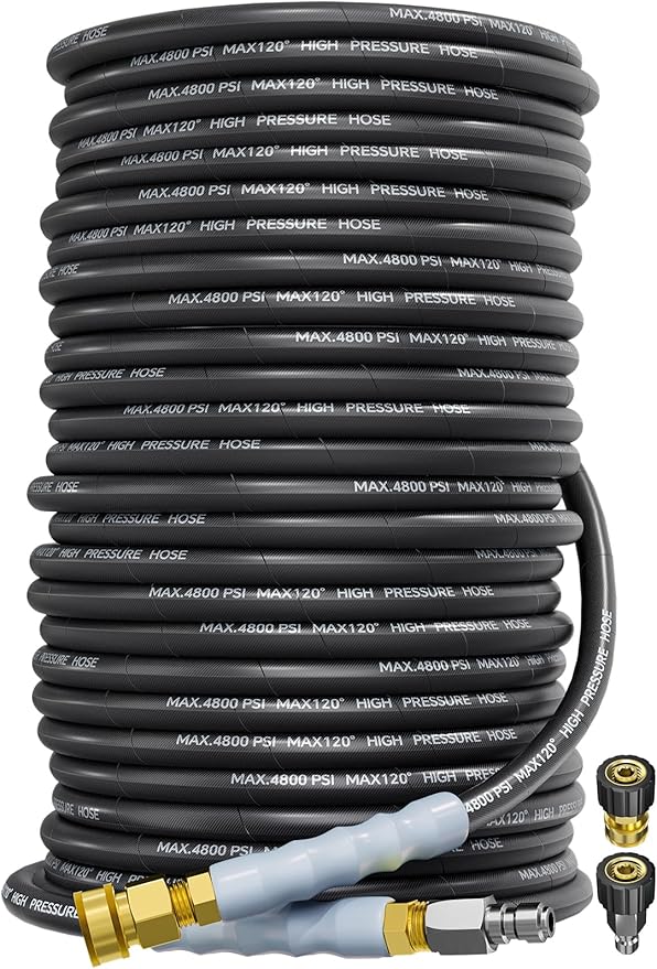 3/8" 4800PSI Pressure Washer Hose 200FT with Swivel Quick Connect for Cold/Hot Water Max 248°F, Kink Resistant Steel Wire Braided, Wear Resistant Power Washer Hose with M22 14mm Adapter
