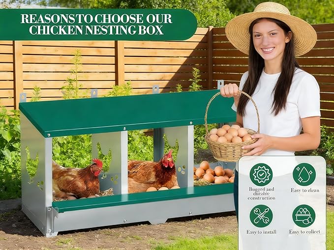 Chicken Nesting Box 3 Compartment with 10 Pet Moisture Pads and 4 Fake Eggs Roll Away Egg Collection, Perch, Lid Cover for Egg Protection - Wall Mount Nest Box for Chickens, Hens, Ducks