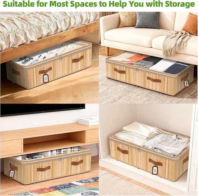 Livole Bamboo Under Bed Storage with Wheels, 6 inches Underbed Storage Containers, 56L XXL Rolling Under Bed Storage Bins with Clear Lid & Label for Clothes, Blankets, Sweater, Shoes, 1 Pack