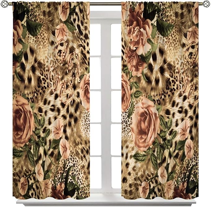 Leopard Floral Blackout Curtains, Cute Boho Floral Cheetah Animal Pattern Safari Natural Theme Window Treatments for Bedroom Living Room 42" W X 54" L