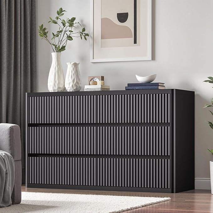 Black Dresser for Bedroom with 6 Double Drawers, 48" Wide Wooden Chest of Drawers with Curved Profile, Modern Fluted Dresser TV Stand, Wood Closet Clothes Storage Organizer for Living Room