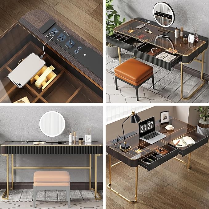 Lartis Modern Office Desk with Drawers,Glass Top Makeup Vanity Without Mirror Built-in USB Outlet Dressing Table Home Office Desk with Intelligent Socket,Very Easy to Assemble