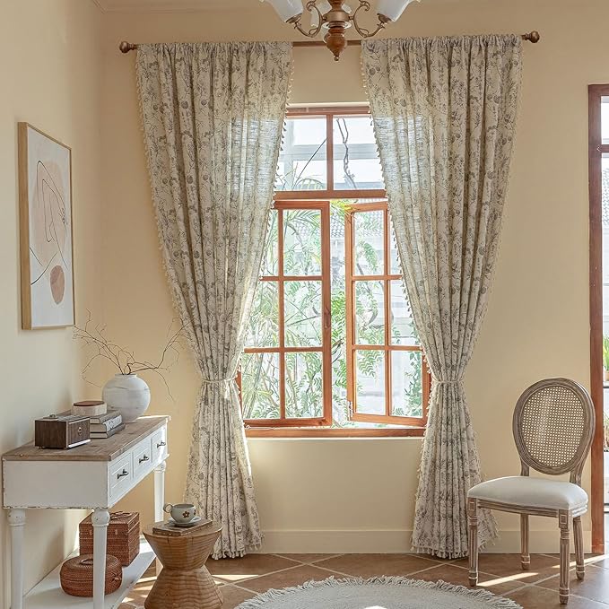 ENJOYBRIDAL Floral Curtains 63 Inch Length Vintage 2 Panels Drapes Short Rod Pocket Semi Sheer Rustic Window Curtain Panels Bedroom Boho Tassel Living Room Farmhouse Botanical Window Treatments