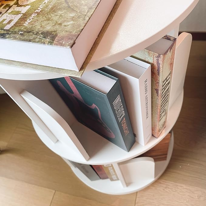 Heehee Wooden Rotating Bookshelf 360 Display Floor Standing Bookcase Storage Rack for Kids&Adults Multi-Functional Bookshelf Organizer (White (2-Tier))