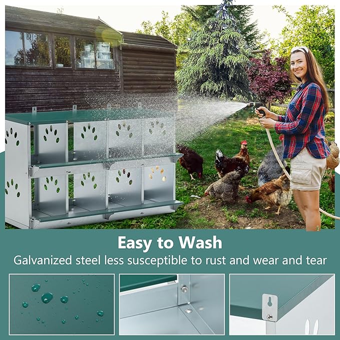 Chicken Nesting Boxes for Hens – Roll-Away Egg Nesting Box with Perch & Ventilation, Roll Out Egg Collection, Galvanized Steel Laying Box for Backyard Coop Poultry Farm (8 Holes)