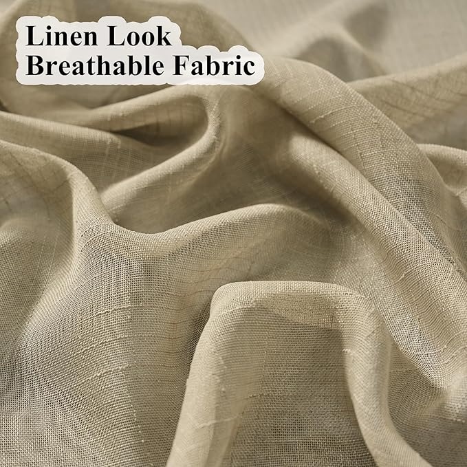 Taupe Sheer Curtains 90 Inches Long, Neutral Linen Look Textured Light Filtering Drapes Decor, Tan Beige Transparent Window Treatments, Rustic Pinch Pleat Curtain with Hooks