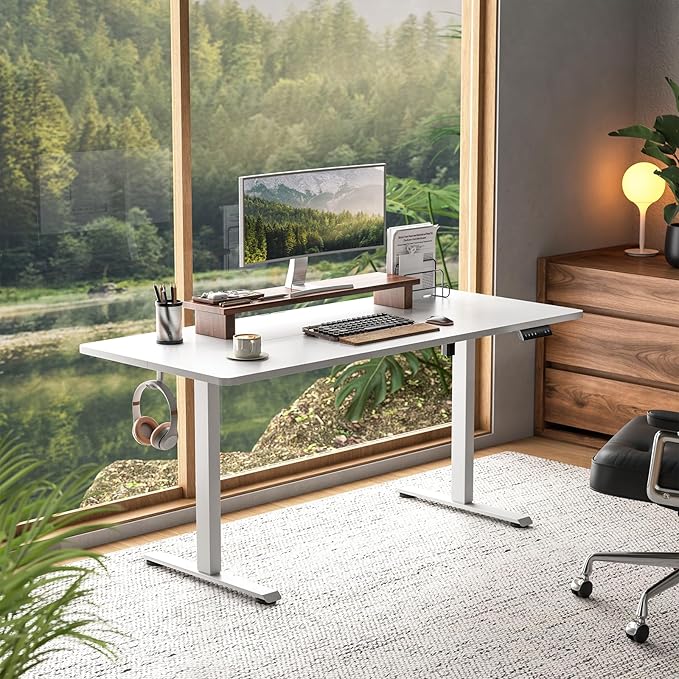 Veken 55 Inch Large Electric Standing Desk, 4 Memory Heights Adjustable,Sit to Stand Up, Work Home Office Computer Table for Study, Walking Pad, Writing, and Games, Wooden Desktop Desks, White
