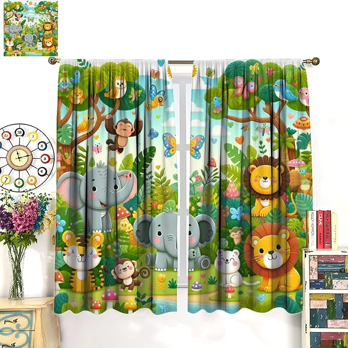 Cartoon Animals Curtain Jungle Forest Elephant Lion Butterfly Floral Print Curtains for Kids Boys Girls Nursery Baby Bedroom Playroom Home Decor Window Drapes 42" W X 45" L