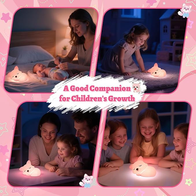 Pink Fox Night Light Toy Gifts for Girls, Cute Fox Squishy Lamp for Daughter Gifts, Dimmable Rechargeable Silicone Animal Night Light, Sweet Birthday Xmas Gift for Girls Room Pink Decor