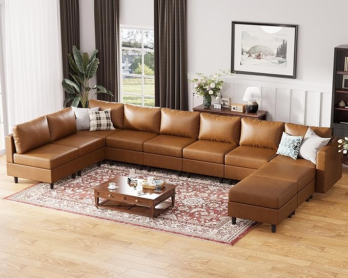 Oversized 172.5" Faux Leather Modular Sectional Sofa, Modern Large 10 Seater U Shaped Couch with Storage Seat with Reversible Chaise Deep Seat for Living Room DIY Combination - Brown