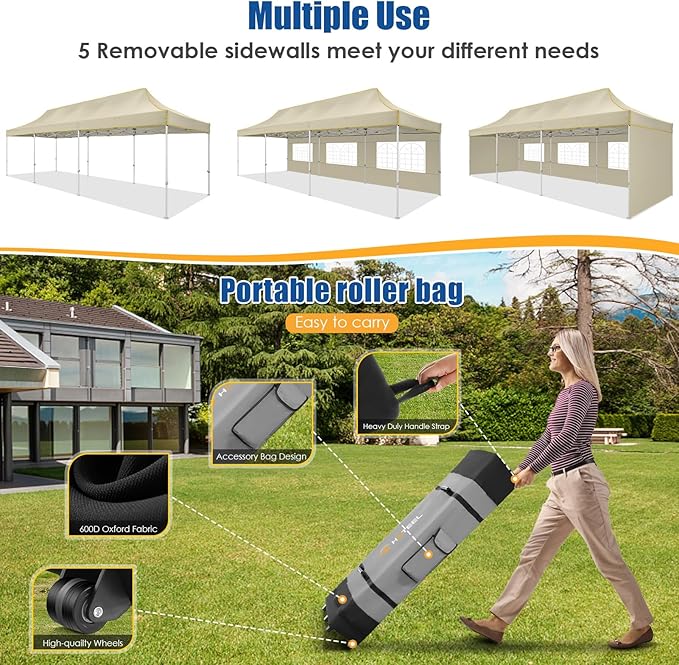 HOTEEL 10x30 Pop up Canopy Tent for Parties, Heavy Duty Easy Setup Tent with 5 Sidewalls, Outdoor Commercial Instant Gazebo for Wedding Event, with Roller Bag & Sand Bags, Khaki(Hexagonal Frame)