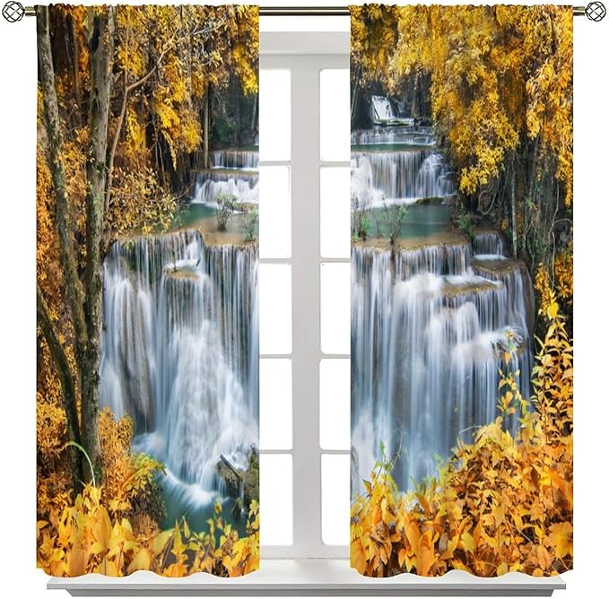 Waterfall Blackout Curtain, Autumn Season Trees Leaves Natural Landscape Window Drapes, for Bedroom Living Room 63" W X 63" L