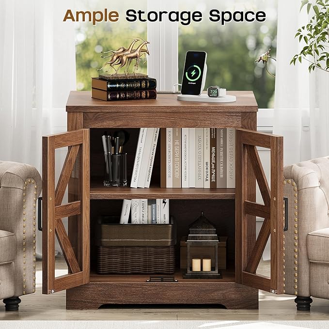 Farmhouse Side Table with Storage Cabinet, End Table with Adjustable Shelf, Night Stand, Wood Nightstand with Charger Station, 24 End Tables Living Room, Rustic Bed Side Tables Bedroom, Walnut