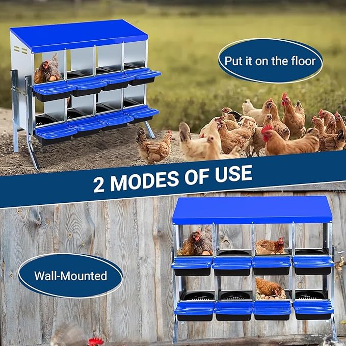 Chicken Nesting Box, 8 Hole 2 Layer Hen Nest Boxes with Legs, Roll-Away Egg Collection System with Ventilation Holes，Rustproof Plastic Tray & Keyhole Mounting, Chicken Laying Box