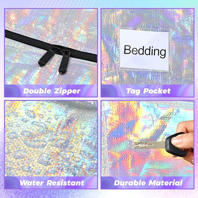 4 Pcs 24 Gallon Large Moving Bags with Zipper and Handles Foldable Storage Duffle Bags Heavy Duty Extra Large Totes for College Dorm Travel Clothes Blankets Bedding Moving (Iridescent)
