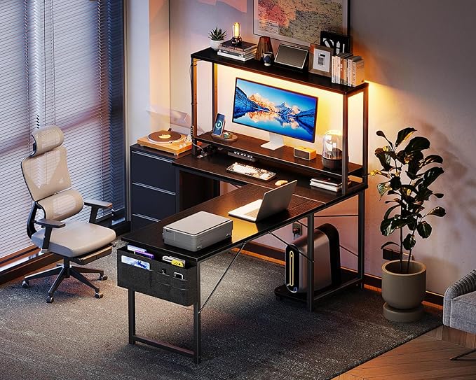 AODK L Shaped Desk Gaming Desk with LED Light & Power Outlet, 53 Inch Reversible L Shaped Computer Table with Shelf & Storage Bag & Hook for Home Office, Black