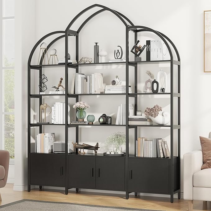 Triple Wide 5 Tier Tall Arched Bookshelf and Bookcase with 3 Cabinets, Industrial Metal Etagere Open Bookshelf, Wood Standing Book Shelf with Black Metal Frame for Bedroom Living Room