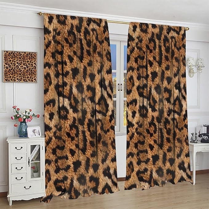 Leopard Print Window Curtains, Animal Fur Skin Brown Farmhouse Wild 3D Rustic Safari Theme Window Treatments for Kids Bedroom Living Room 42" W X 63" L