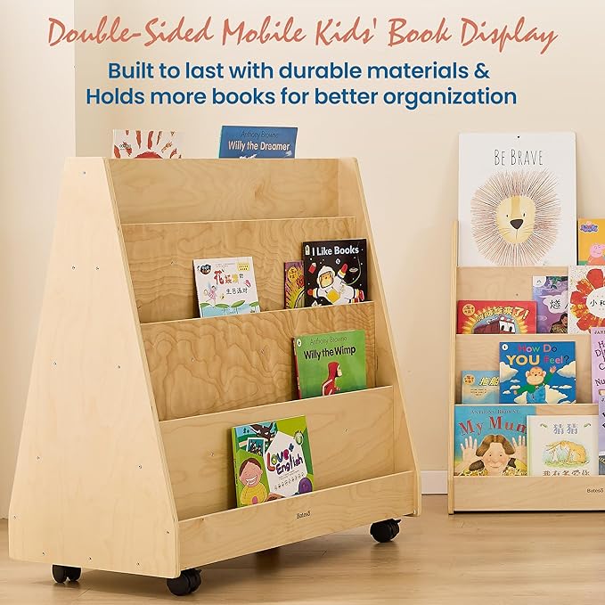 Kids Bookshelf for Toddlers and Babies, Double-Sided Wooden Montessori Bookshelf for Kids Room, Baby Book Shelf with Storage for Nursery, Classroom, Playroom