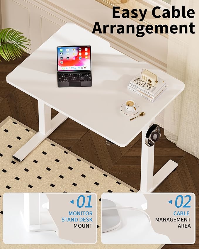 Okin Small Electric Standing Desk, 36" x 24" Whole Piece Height Adjustable Desk, White Sit to Stand Computer Workstation for Home Office