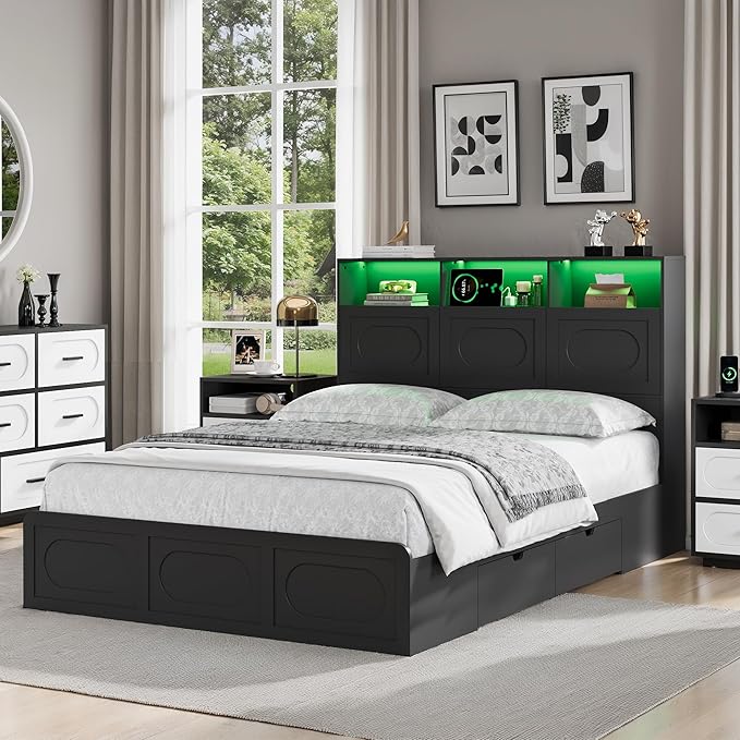 Black Queen Bed Frame with Storage Drawers, Bed Frame Queen Size with 48" Tall