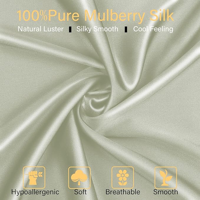 100% Mulberry Silk Pillowcase 2 Pack for Hair and Skin,with Hidden Zipper,Both Sides 22 Momme Natural Silk Pillow Cover,Soft Breathable & Smooth (Matcha, King)