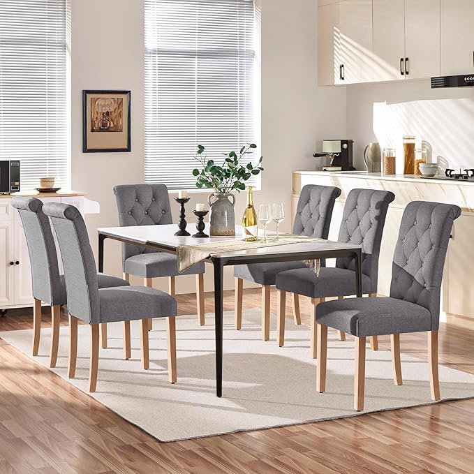 Yaheetech Dining Chairs Set of 6 Fabric Upholstered Dining Room Chairs with Button Tufted High Back and Solid Wood Legs for Kitchen/Living Room/Restaurant, Modern Style, Dark Gray